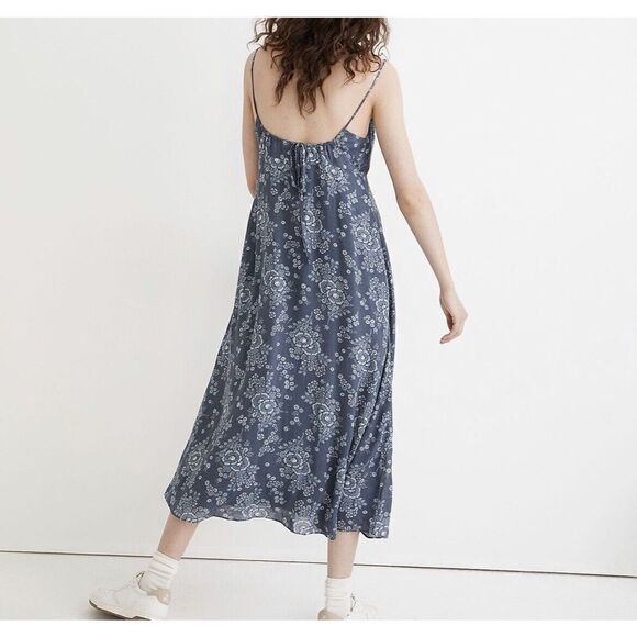 MADEWELL Dress Womens 8 Tie-Back Button-Front Midi NEW Blue Floral NE783 - Picture 3 of 16